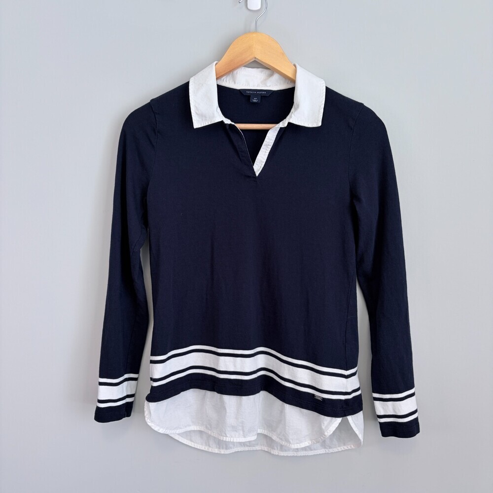 Tommy Hilfiger Long Sleeve Top Collar Nautical Prep Old Money Navy Women's Small